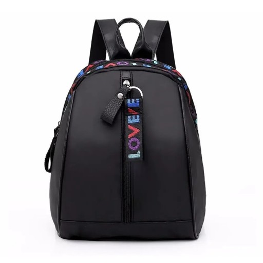 Mochila mini feminina 24 x 14 x 27 cm em poliéster Oxford A tiracolo Mochila preta com inscrições LOVE em linha Várias bolsas com fecho