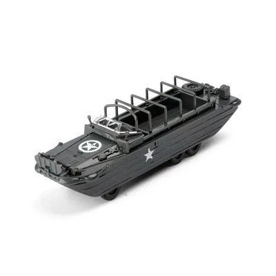 Model amfibisch voertuig DUKW-353 6x6 zonder zeil in schaal 1:72 grijze plastic bouwdoos militaire techniek GSF