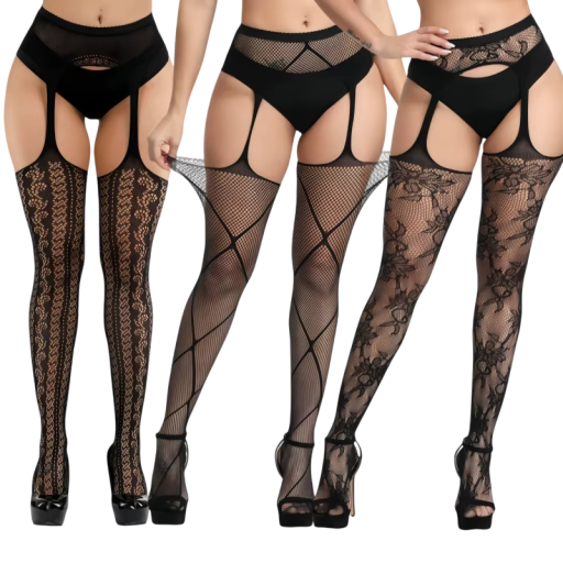 Model cu efect de ciorap cu dantelă și model în plasă, ciorapi peste genunchi, mărime universală 150–185 cm, nylon spandex, negri, pentru femei
