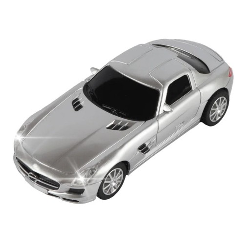 Model de mașină Mercedes-Benz SLS AMG 1:43 Model din plastic argintiu al unui coupe sportiv Miniatură detaliată a unei mașini de lux Jucărie
