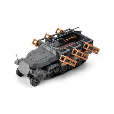 Model van het half-track voertuig SD.KFZ.251/1 grijs schaal 1:72 plastic bouwpakket om te monteren 10,5 x 6 x 4 cm militaire techniek merk GSF