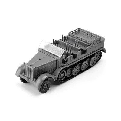 Model van het halfpansvoertuig SD.KFZ.7 grijs schaal 1:72 plastic bouwpakket voor assemblage militaire techniek merk GSF