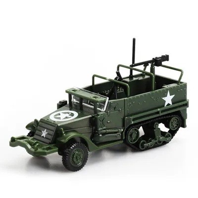 Model van het halftrack voertuig M3 met machinegeweer groen schaal 1:72 plastic bouwpakket voor assemblage militaire techniek merk GSF