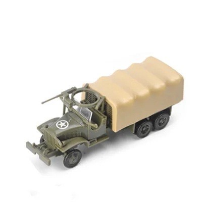 Modell av lastbil CCKW-353 6x6 med presenning och kulsprutepod i skala 1:72 gul-grön plastbyggsats militärteknik GSF