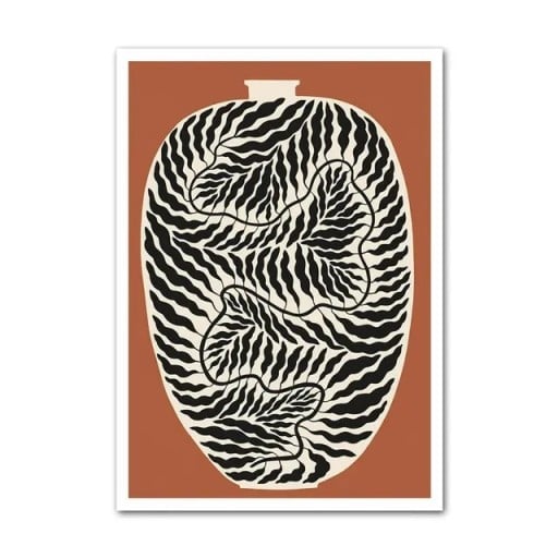 Moderne plakat til væg abstrakt vase med linjemønster 50 × 70 cm tryk på lærred brunt baggrund dekoration til indretning uden ramme