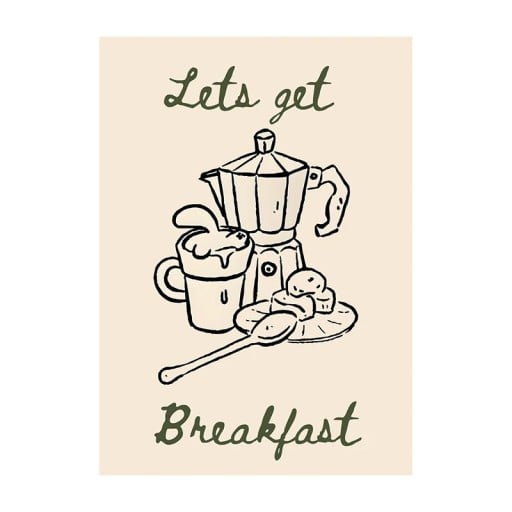 Moderne plakat til væg med morgenmadsmotiv Let's get breakfast 50 × 70 cm tryk på lærred beige udførelse dekoration til køkken og café uden ramme