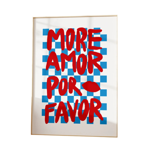 Moderne plakat til væg more amor por favor 20 x 30 cm lærredstryk rød tekst blå ternet markant dekoration interiør uden ramme