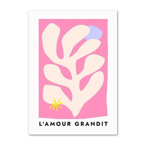 Moderne vægplakat med abstrakt motiv og teksten L’Amour Grandit 50 x 70 cm tryk på lærred rosa baggrund uden ramme dekoration til indretning