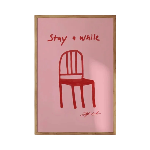 Moderne vægplakat med motiv af rød stol og teksten stay a while 50 x 70 cm tryk på lærred rosa baggrund uden ramme til hjemmet