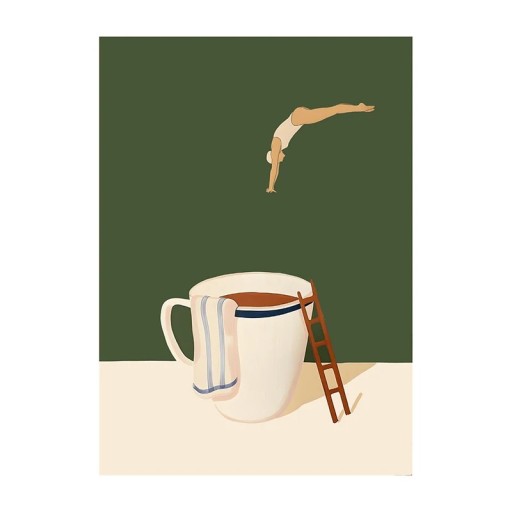 Moderne vægplakat spring ind i kaffekoppen 40 × 60 cm tryk på lærred blød plakat grøn baggrund dekoration til hjemmet og caféen