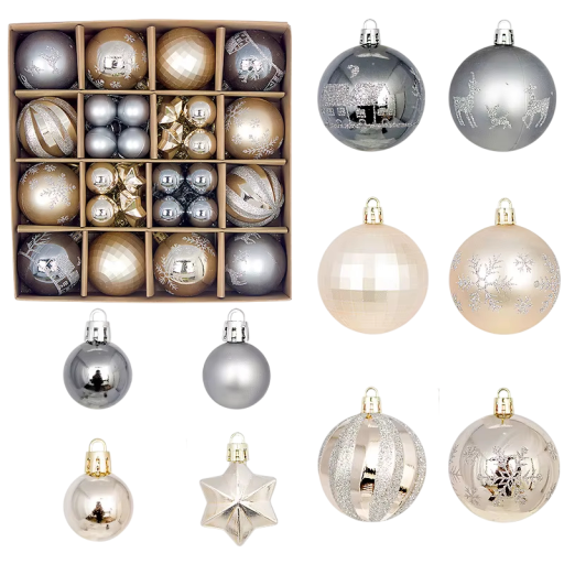 Moderne Weihnachtsdekoration 44 Stück 3 - 6 cm Grau Goldene Kugeln und Sterne für den Weihnachtsbaum Verschiedene Größen von Schmuck