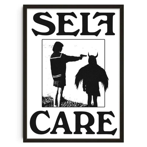 Moderní plakát na zeď self care s nápisem a ilustrací 50 x 70 cm tisk na plátno černobílý motiv dekorace do bytu bez rámu
