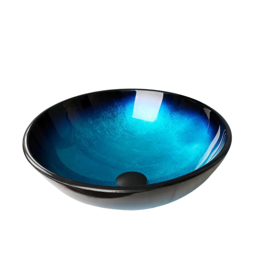 Moderní skleněné umyvadlo na desku kulaté 420 x 130 mm z tvrzeného skla modro-černé na umyvadlovou desku do koupelny i na toaletu