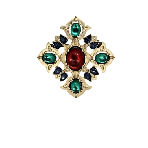 Modieuze barokke broche van zinklegering Gouden uitvoering Rode en groene steentjes Luxe sieraad in interessante vorm