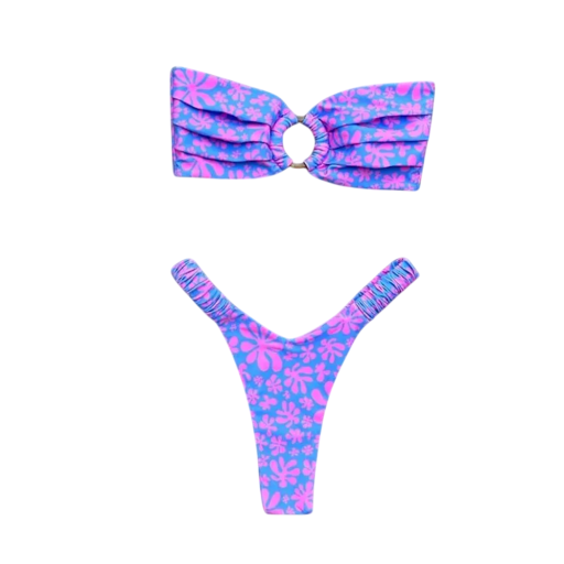 Modro-růžové bikiny s květinovým vzorem a kruhovým spojem Dvoudílné plavky bez ramínek s nabíranými detaily Letní plážový outfit