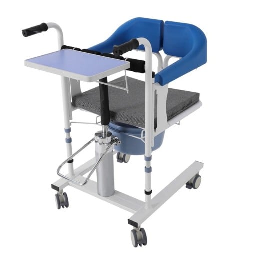 Modrý hydraulický zvedák pro pacienty S táckem a wc lavorem Opěradlo do 180° Nosnost 100 kg Výška 76-94 cm Uhlíková ocel kolečka s brzdami