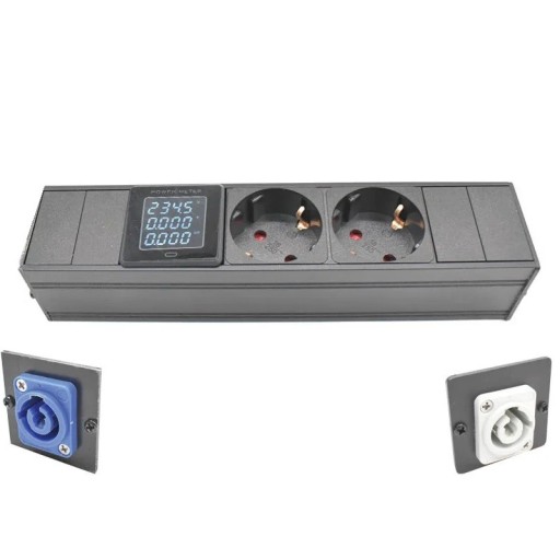 Modul de priză 2× EU cu display pentru măsurarea consumului 22,5 cm metal aliaj de aluminiu PC gri pentru alimentare pe panou