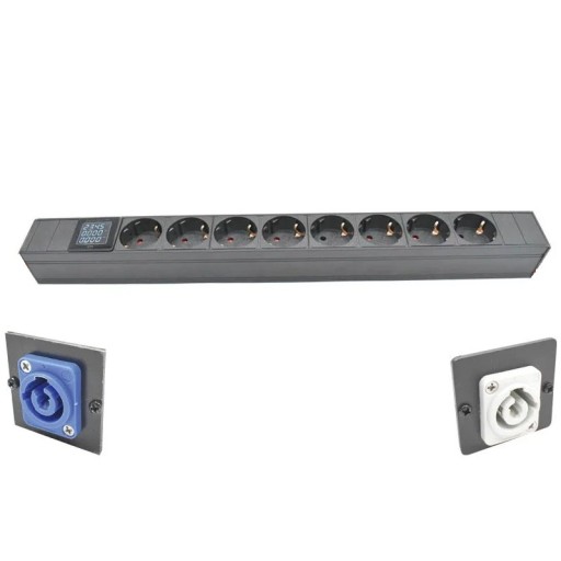 Modul de priză cu display și măsurător de consum 8× EU 48 cm metal aliaj de aluminiu PC gri pentru birouri și panouri de instalare