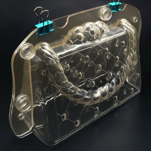 Molde 3D para chocolate en forma de bolso Molde transparente de dos piezas con patrón acolchado y asa retorcida Plástico 16,5 x 10,5 x 7 cm
