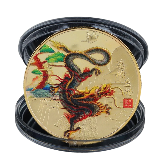 Monedă comemorativă dragon chinezesc Moneda de colecție dragon din zodiacul chinezesc de 4 cm, pictată, placată cu aur, monedă din metal, dragon chinezesc Moneda de anul dragonului cu capac transparent