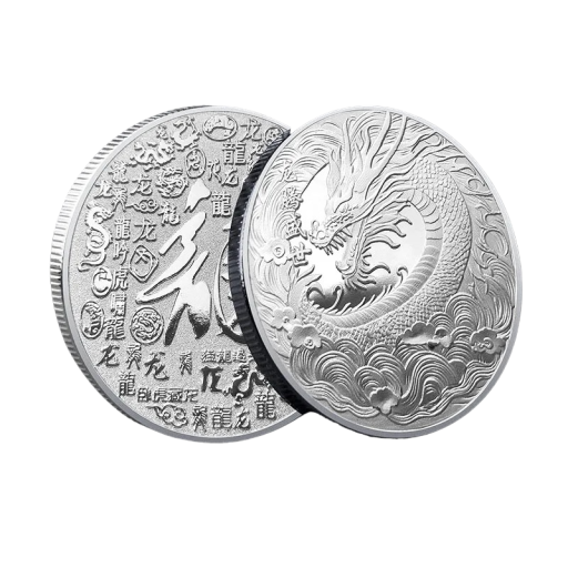 Monedă metalică dragon chinezesc Moneda norocoasă dragon chinez Moneda de colecție Dragon mitic Caractere chinezești placate cu aur în stil tradițional chinezesc Monedă placată cu argint 4cm