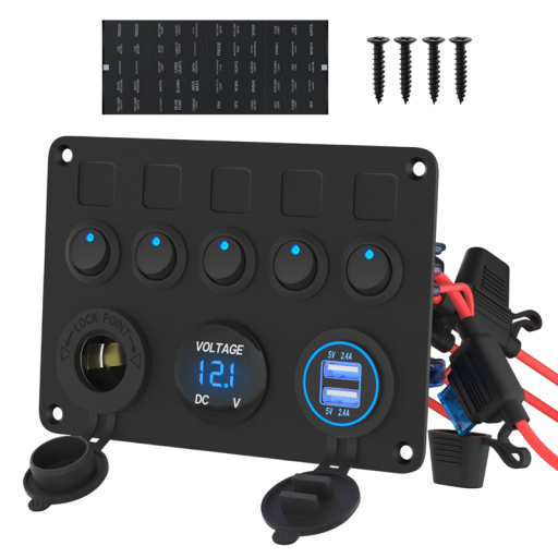 Monitoimipaneeli 12V-24V kaksois-USB-pistokkeella, voltmetrillä, 12V-pistokkeella ja 5 LED-kytkimellä ylikuormitussuojalla