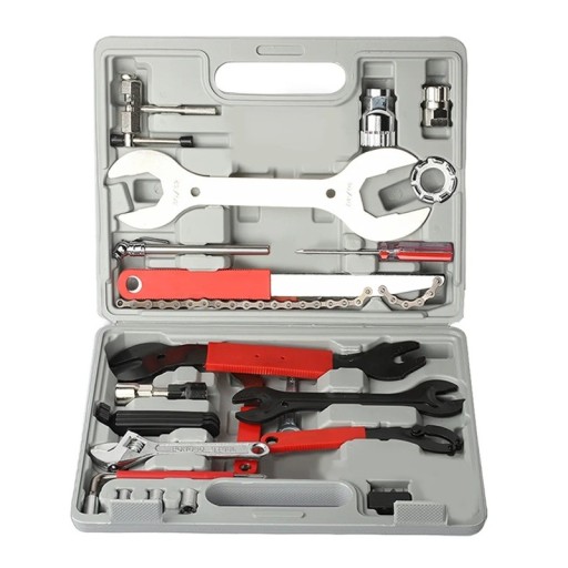 Monitoimityökalu 44 osaa polkupyöräkorjaukseen, mukana kampien irrotustyökalu, ketjunleikkuri ja avaimet, säilytyskotelossa, mitat 32 x 7 x 25 cm
