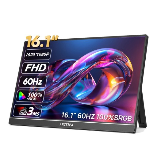 Monitor portabil ARZOPA Z1C 16,1" IPS Full HD 1080p 60 Hz cu HDR și USB-C și HDMI 100% sRGB Metalic Pentru muncă și consolă pentru jucători în călătorie