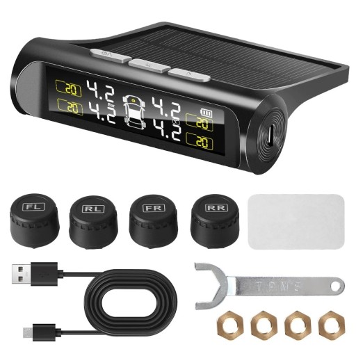 Monitor TPMS solar de 10 x 8 x 2,6 cm, sistema de monitoreo de presión de neumáticos, alimentación USB, pantalla LCD, 4 sensores externos, inalámbrico para automóvil