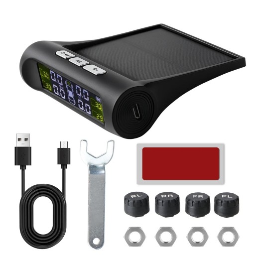 Monitor TPMS solar de 10 x 8 x 2,6 cm, sistema de monitoreo de presión de neumáticos, sensores externos, carga USB, pantalla inalámbrica para automóvil
