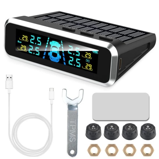 Monitor TPMS solar Pantalla LCD de 9,5 x 6,2 x 3 cm 4 sensores externos Carga USB Sistema inalámbrico de monitoreo de presión y temperatura de neumáticos