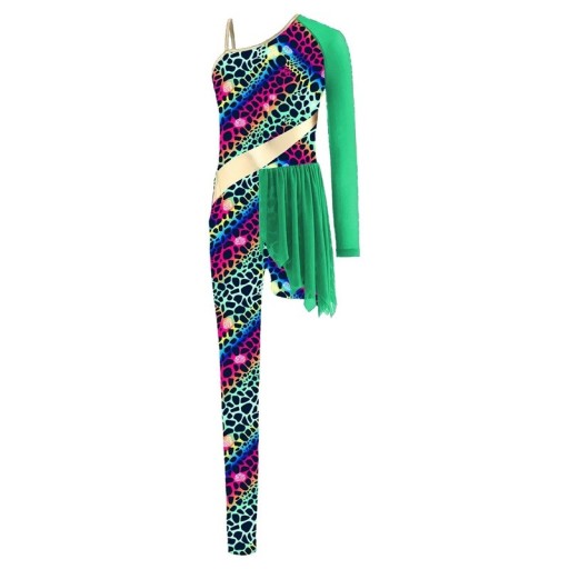 Mono de danza para niñas con estampado colorido y manga asimétrica, jumpsuit de malla verde de nylon y elastano para jazz y danza moderna
