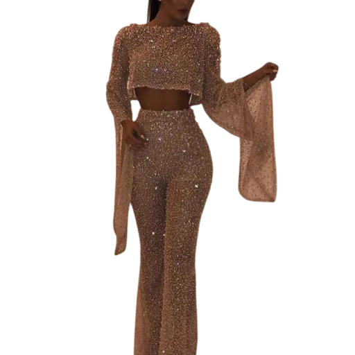 Mono de mujer brillante con volantes en las mangas Escote redondo Manga larga Pantalones largos Corte elegante Poliéster