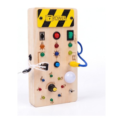 Montessori Busy Board mit LED-Lichtern 19,7 x 9,7 x 3 cm Holzsensorische Platte mit Schaltern und Schlüssel Spielzeug für die Feinmotorik von Kindern