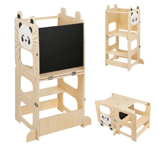 Montessori leer toren 3-in-1 met zwarte bord en panda motief 92 x 41 cm opklapbaar tot bank met tafel en kruk in natuurlijke tint
