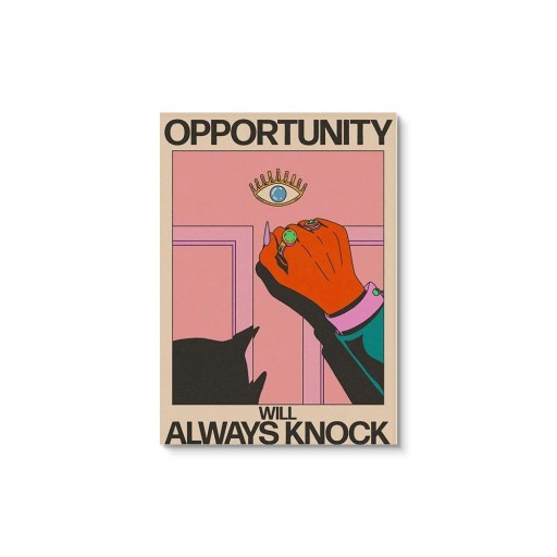 Motivationsposter „Opportunity Will Always Knock“, 40 x 60 cm, Illustration mit Auge und Tür, moderne Wandkunst, Leinwand, ungerahmt, Heimdekoration