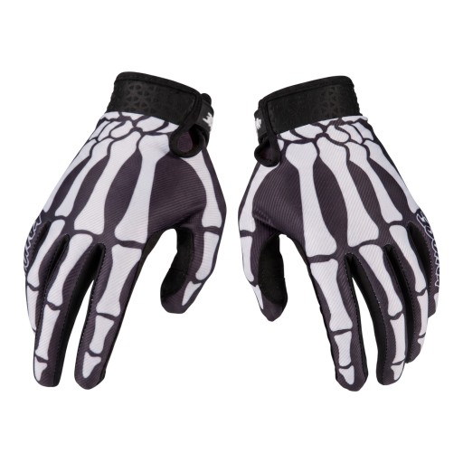 Motocross Gloves with Skeleton Hand Print in Black and White with Raised Pattern on the Cuff for Cycling and Off-Road Riding