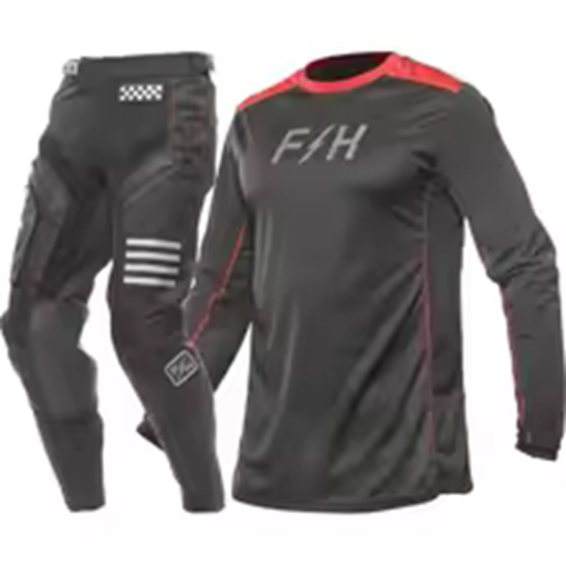 Motocross sæt trøje og bukser Langærmet Polyester og nylon Mørkegrå med røde elementer Unisex moto tøj til motocross og enduro