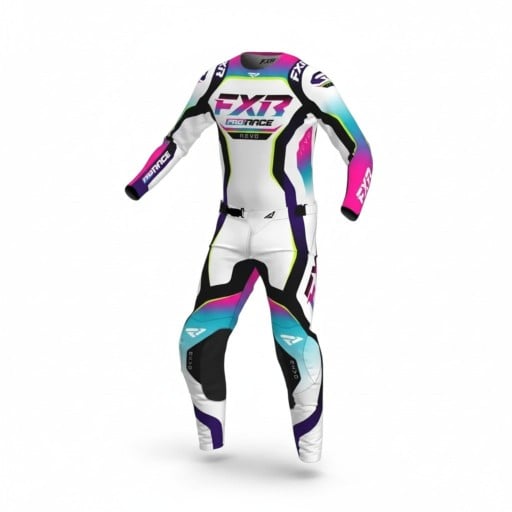 Motocross Set Jersey and Trousers Jersey with Long Sleeves and Trousers with Buckle Polyester and Nylon White with Pink and Turquoise Elements