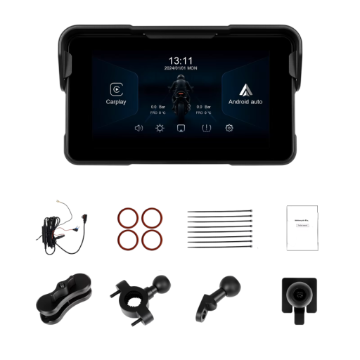Motocykelmonitor Podofo 5 tommer CarPlay og Android Auto Vandtæt berøringsskærm 8,6 x 15 cm Bluetooth FM 12V TPMS Sort Til motorcykel
