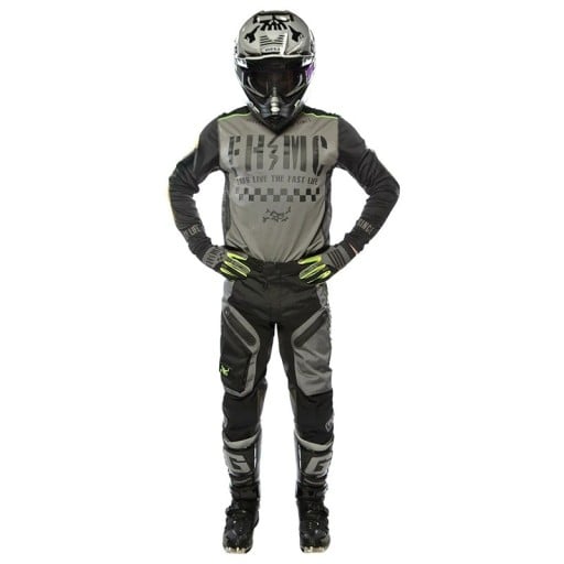 Motokrosový set dres a kalhoty Dlouhý rukáv Polyester a nylon Šedo-černý s neonově žlutými prvky Unisex moto oblečení na motokros a enduro