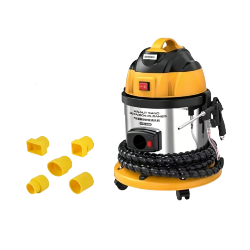 Motor szívócső és szelepek tisztítója dióhomokkal, 13 l űrtartalom, 10 kg súly, pisztollyal és tömlővel, sárga-fekete, műhelybe