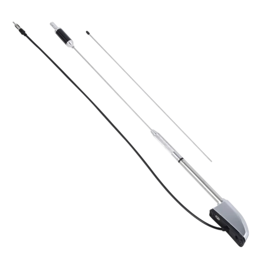 Motorcykelantenne til radio audio og navigation længde 119 cm adapter 10,3 mm sølv med base og kabel til AM og FM modtagelse til motorcykel