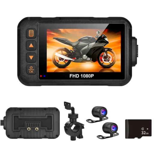 Motorcykelkamera SE60-DVR Vandtæt videoregistrator FHD 1080P For- og bagkamera 32 GB kort Nattesyn Sort Til motorcykel og bil