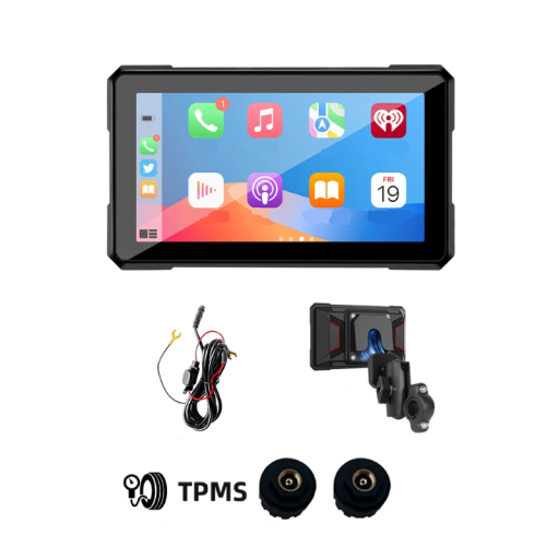 Motorcykelmonitor 5 tommer Trådløs CarPlay og Android Auto GPS Vandtæt IP67 TPMS Aftagelig holder Bluetooth 5.0 Sort Til motorcykel