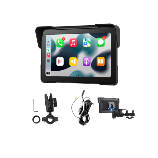 Motorcykelmonitor 7 tommer Trådløs CarPlay og Android Auto GPS navigation Vandtæt IP67 Aftagelig holder Bluetooth 5.0 Sort Til motorcykel