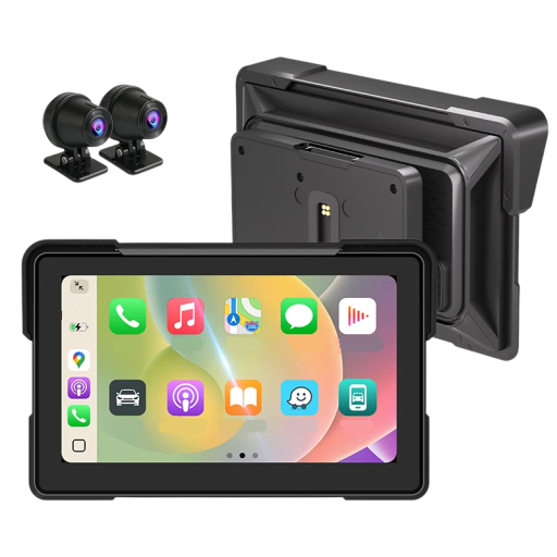 Motorkás monitor 7 hüvelyk 19,1 x 12 cm Vezeték nélküli CarPlay és Android Auto Elülső és hátsó kamera Vízálló duális Bluetooth Fekete Motorkerékpárhoz