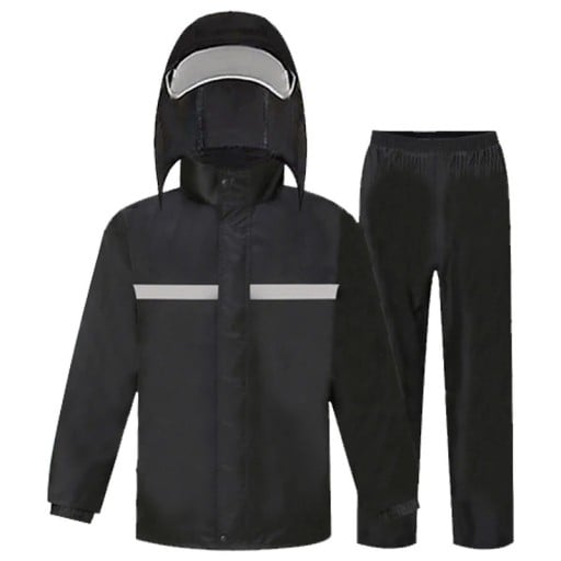 Motorkleding regenpak compleet jas en broek unisex PVC zwart met capuchon en vizier bescherming tegen regen motor rijden