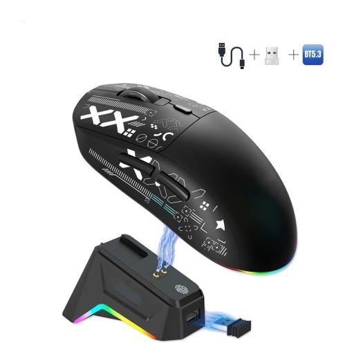 Mouse de gaming wireless cu iluminare RGB și bază de încărcare, mod de conectare triplu Bluetooth 5.3 + USB, pentru gaming și muncă