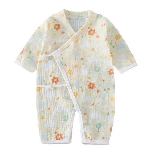 Mousseline katoen jumpsuit voor pasgeborenen met lange mouwen en V-hals Gele unisex jumpsuit met bloemenmotief en strikopeningen